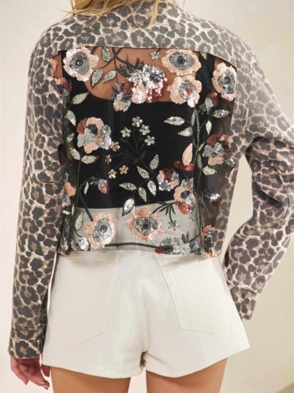 Veveret Leopard Print Mesh Back Embroidered Crop Jacket - Picture 7 of 7